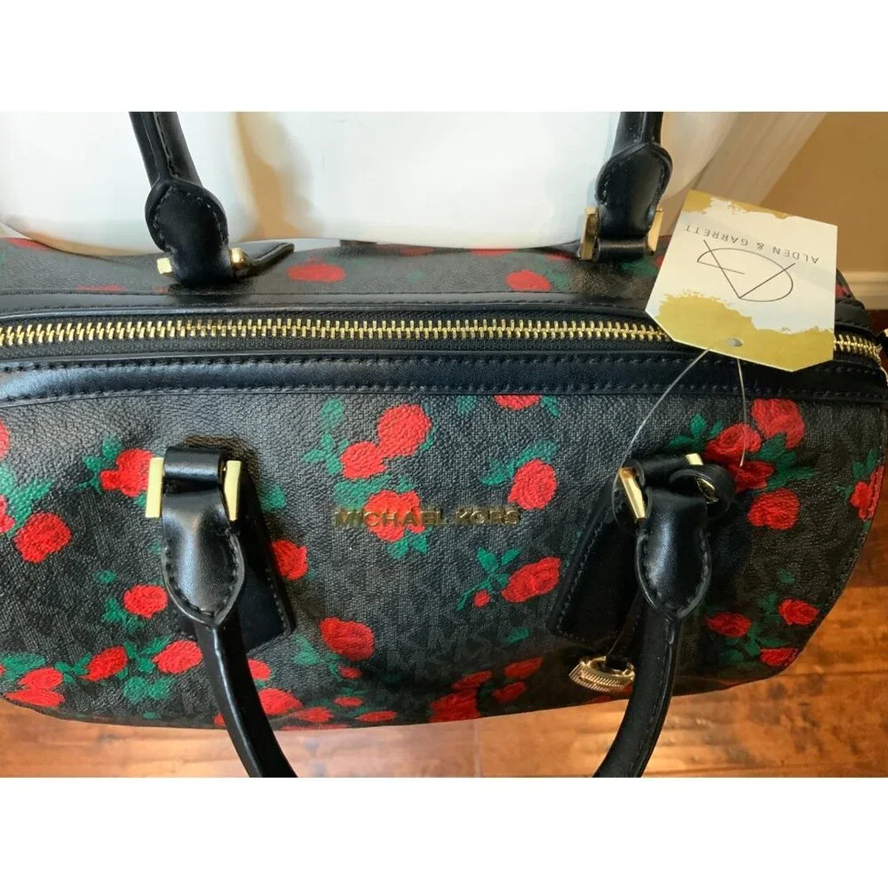 Michael Kors Hayes Black Red Rose Pebbled Leather Satchel MK